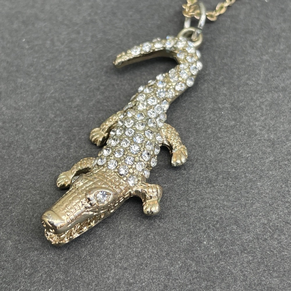 Gold Tone Alligator Rhinestone Necklace Pendant